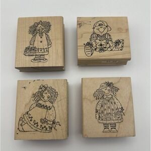Imaginations Sketched Country Folk Art Kids Rag Doll Curly Wood Rubber Stamp Lot